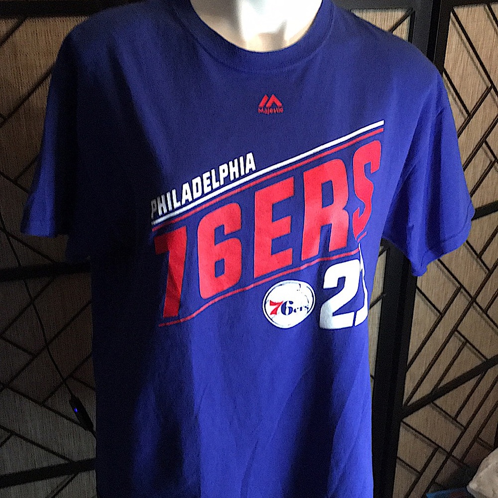 MAJESTIC LARGE PHILDELPHIA 76ERS EMBIID # 21 TEE SHIRT GENTLY USED